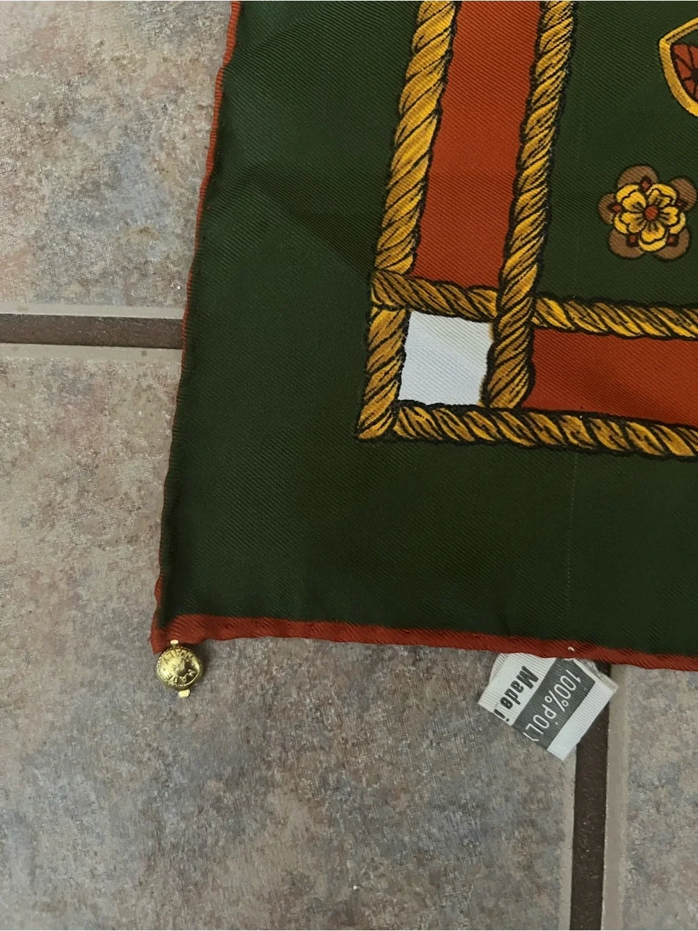 Vintage italiana Green & Gold Equestrian Print Silk Scarf